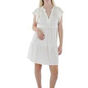 NWT‎ Calvin Klein Women Tie Waist Crepe Gauze Split Neck Tiered Dress SZ 6 White